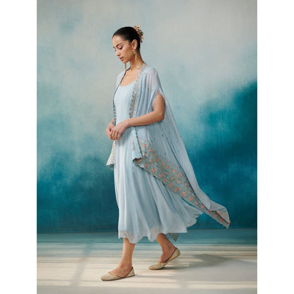 SUHINO Blue Georgette Dress with Cape (Set of 2)