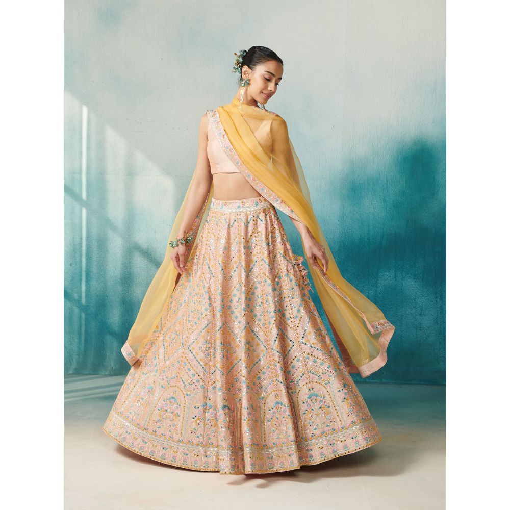 SUHINO Peach Slub Silk Lehenga Jacket Inner & Dupatta (Set of 4)