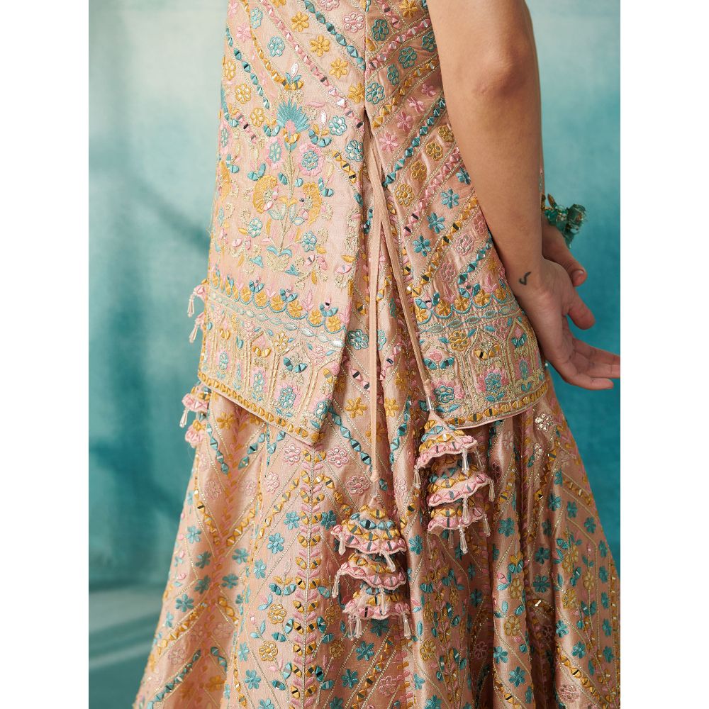 SUHINO Peach Slub Silk Lehenga Jacket Inner & Dupatta (Set of 4)