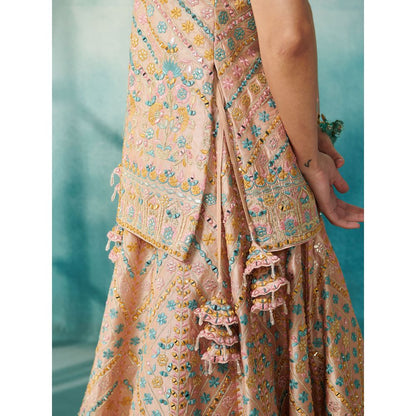 SUHINO Peach Slub Silk Lehenga Jacket Inner & Dupatta (Set of 4)