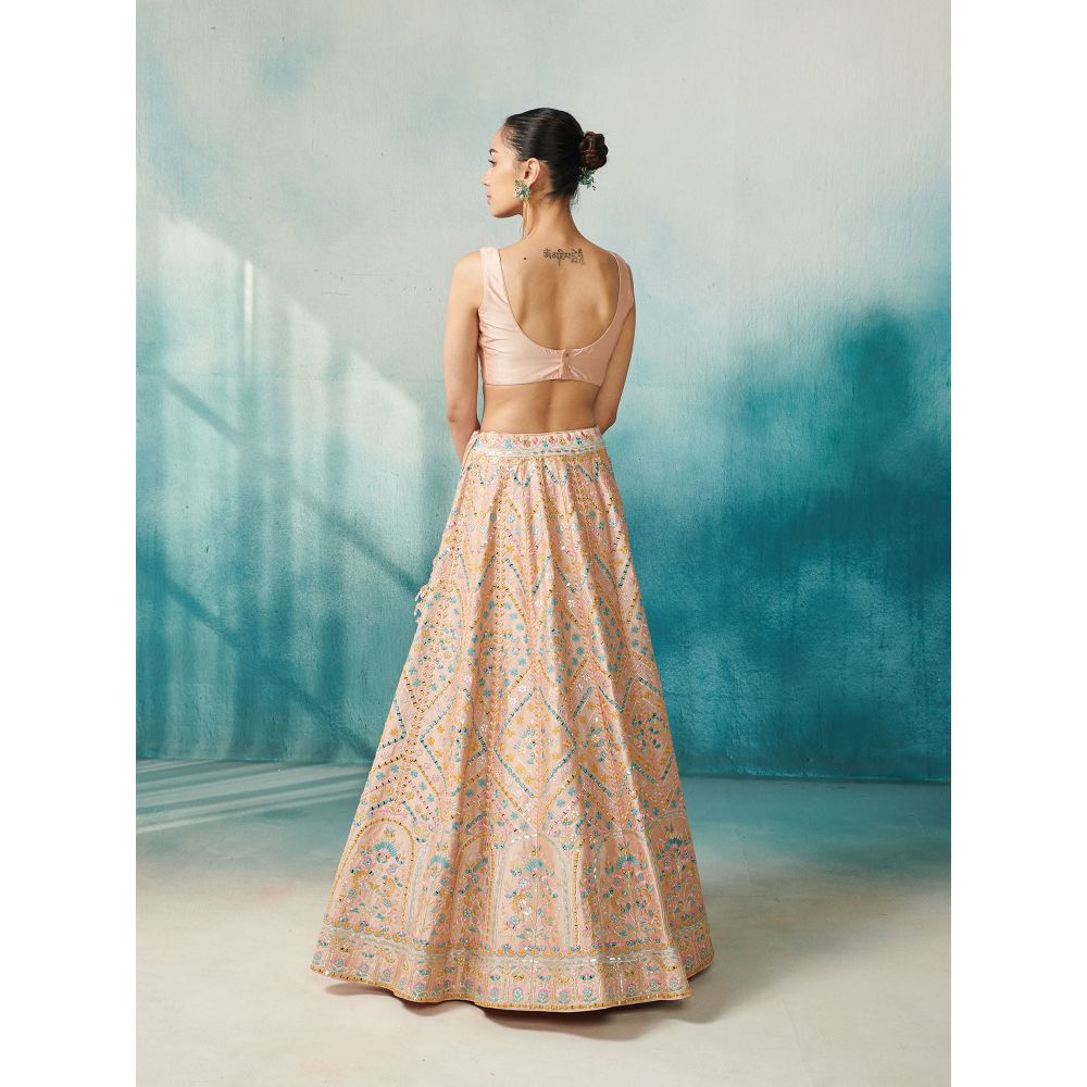 SUHINO Peach Slub Silk Lehenga Jacket Inner & Dupatta (Set of 4)