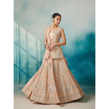 SUHINO Peach Slub Silk Lehenga Jacket Inner & Dupatta (Set of 4)