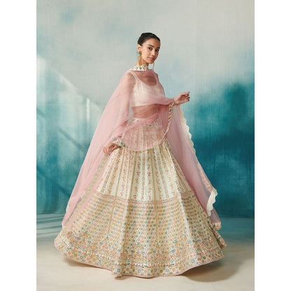 SUHINO White Slub Silk Lehenga Jacket Inner & Dupatta (Set of 4)