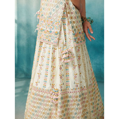 SUHINO White Slub Silk Lehenga Jacket Inner & Dupatta (Set of 4)