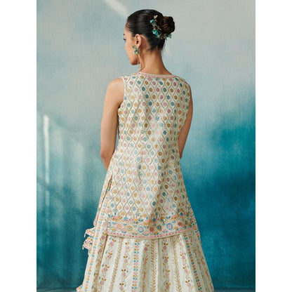 SUHINO White Slub Silk Lehenga Jacket Inner & Dupatta (Set of 4)