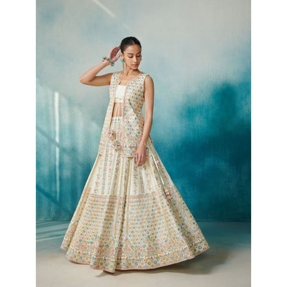 SUHINO White Slub Silk Lehenga Jacket Inner & Dupatta (Set of 4)