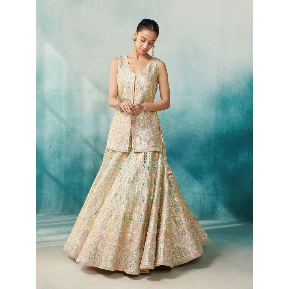 SUHINO Lemon Yellow Slub Silk Lehenga Jacket Inner & Dupatta (Set of 4)