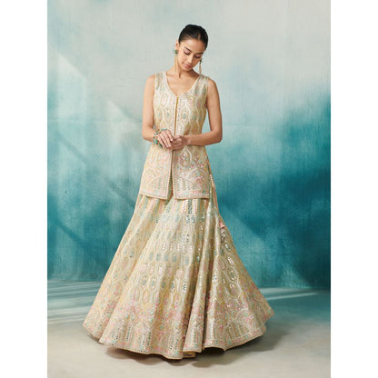 SUHINO Lemon Yellow Slub Silk Lehenga Jacket Inner & Dupatta (Set of 4)