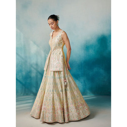SUHINO Lemon Yellow Slub Silk Lehenga Jacket Inner & Dupatta (Set of 4)