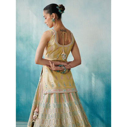 SUHINO Lemon Yellow Slub Silk Lehenga Jacket Inner & Dupatta (Set of 4)