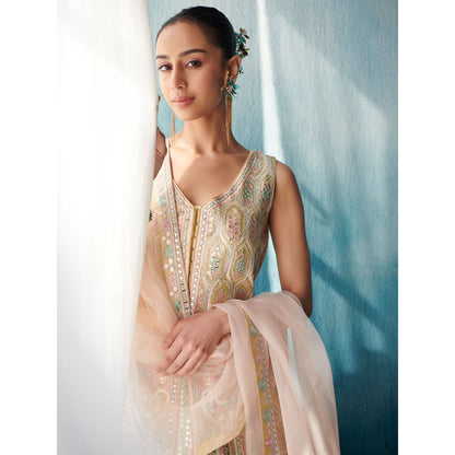 SUHINO Lemon Yellow Slub Silk Lehenga Jacket Inner & Dupatta (Set of 4)