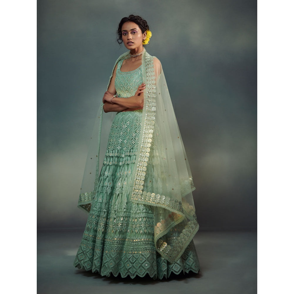 SUHINO Embroidered Sea Green Lehenga Blouse & Dupatta (Set of 3)