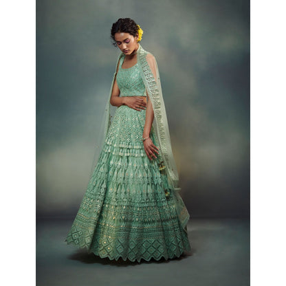 SUHINO Embroidered Sea Green Lehenga Blouse & Dupatta (Set of 3)