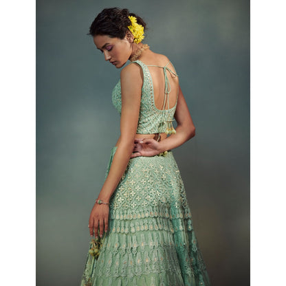 SUHINO Embroidered Sea Green Lehenga Blouse & Dupatta (Set of 3)