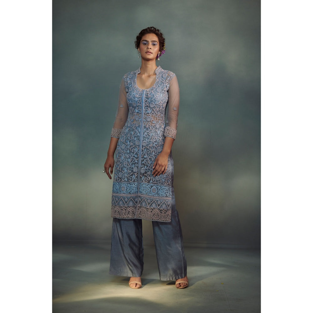 SUHINO Ice Blue Sheer Kurta Pant with Inner (Set of 3)