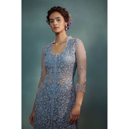 SUHINO Ice Blue Sheer Kurta Pant with Inner (Set of 3)