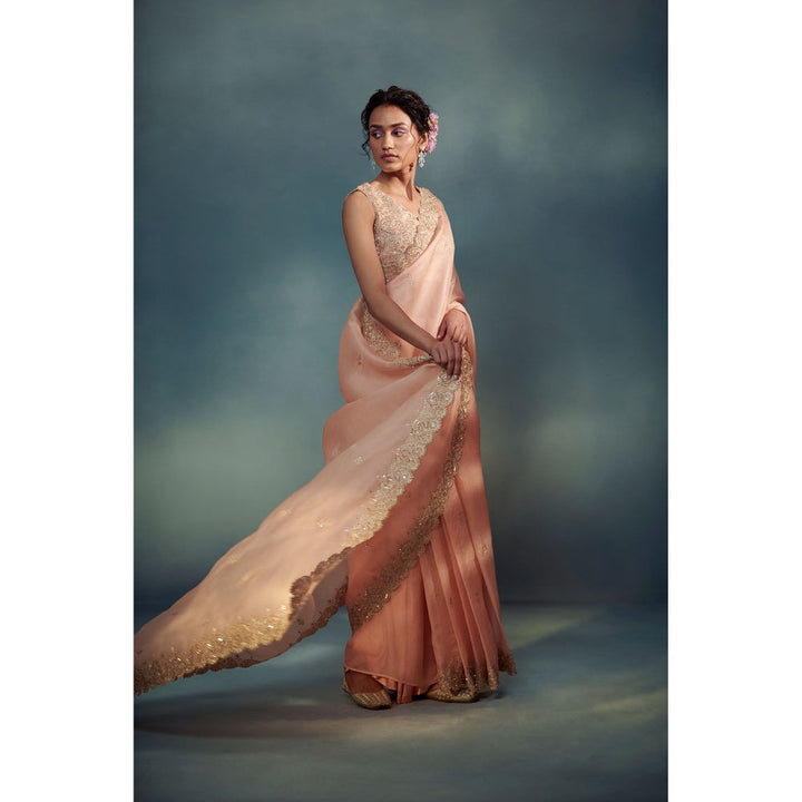SUHINO Peach Organza Saree with Blouse & Petticoat with Stitched Blouse