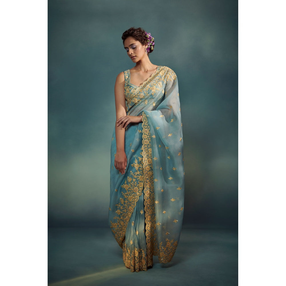 SUHINO Celeste Blue Organza Saree Blouse & Petticoat with Stitched Blouse