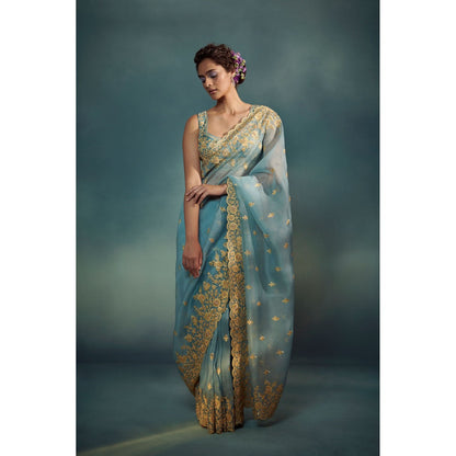 SUHINO Celeste Blue Organza Saree Blouse & Petticoat with Stitched Blouse