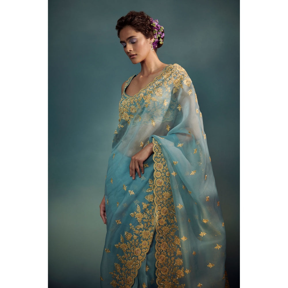 SUHINO Celeste Blue Organza Saree Blouse & Petticoat with Stitched Blouse