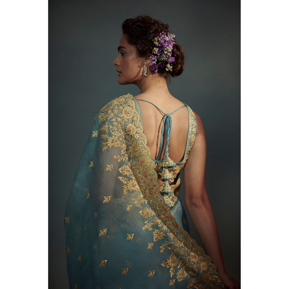 SUHINO Celeste Blue Organza Saree Blouse & Petticoat with Stitched Blouse