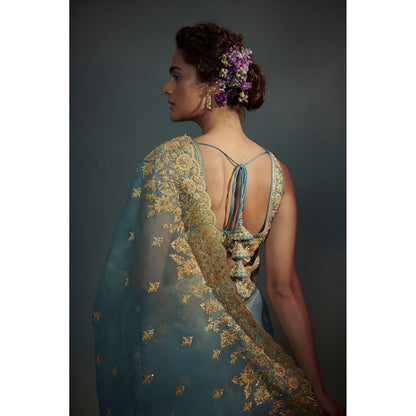 SUHINO Celeste Blue Organza Saree Blouse & Petticoat with Stitched Blouse