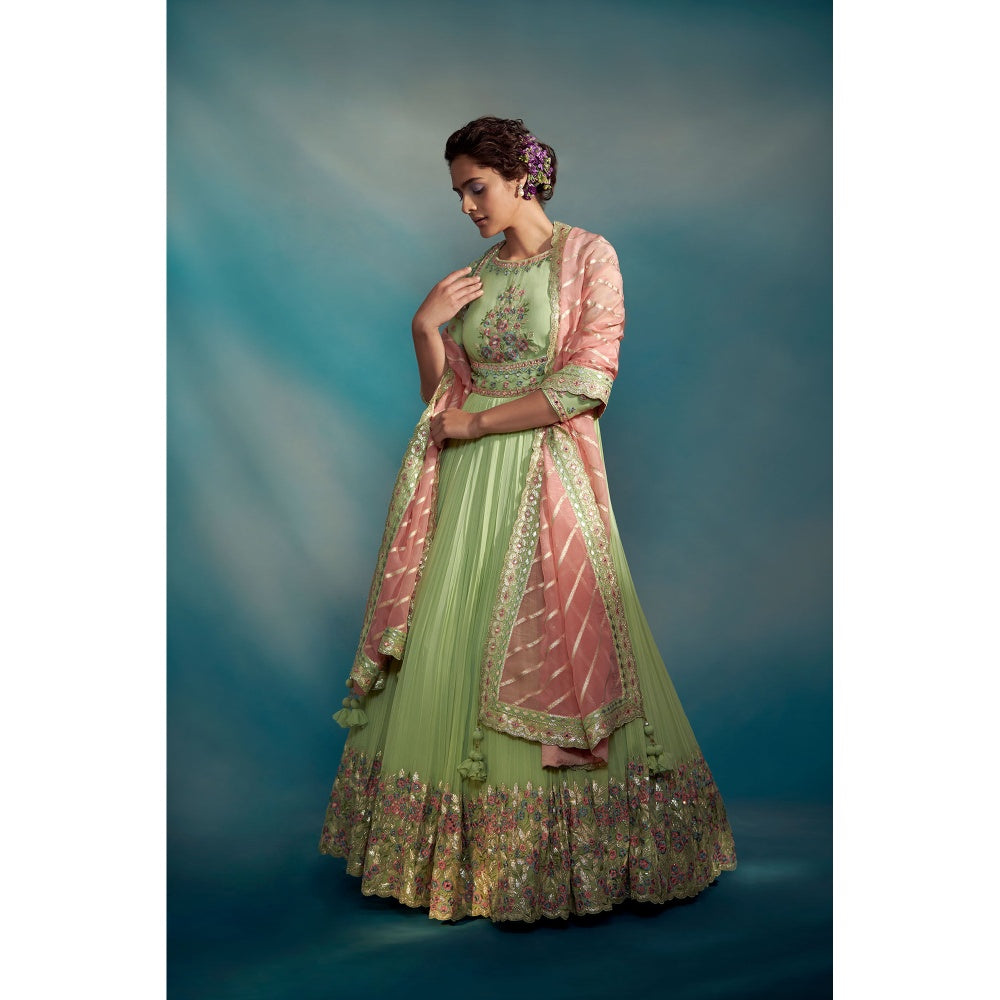 SUHINO Lime Green Anarkali Pant with Dupatta (Set of 3)