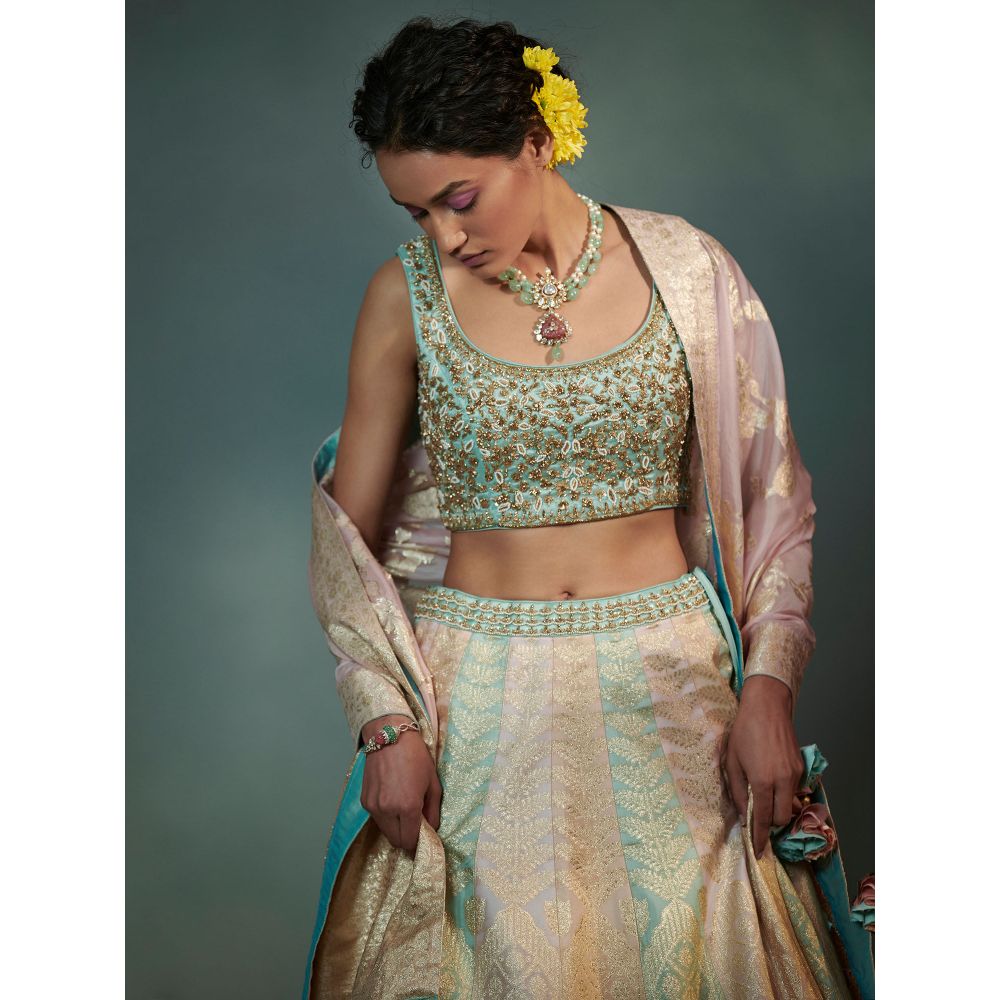 SUHINO Aqua Tricoloured Lehenga Blouse & Dupatta (Set of 3)