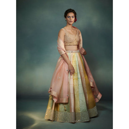 SUHINO Peach Tricoloured Lehenga Blouse & Dupatta (Set of 3)