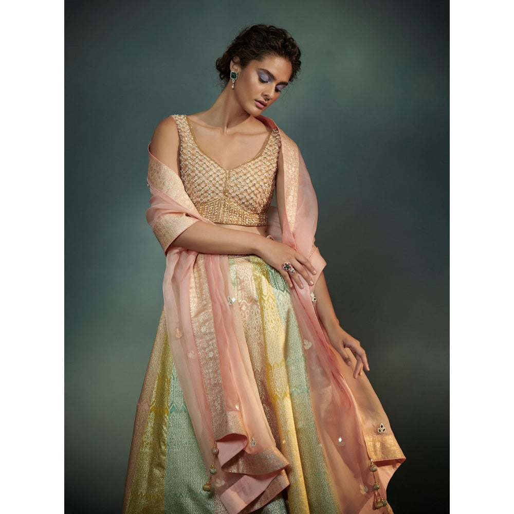 SUHINO Peach Tricoloured Lehenga Blouse & Dupatta (Set of 3)