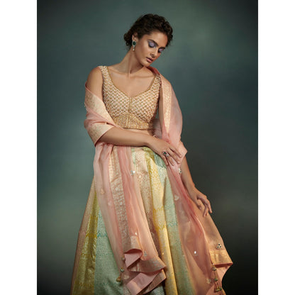 SUHINO Peach Tricoloured Lehenga Blouse & Dupatta (Set of 3)