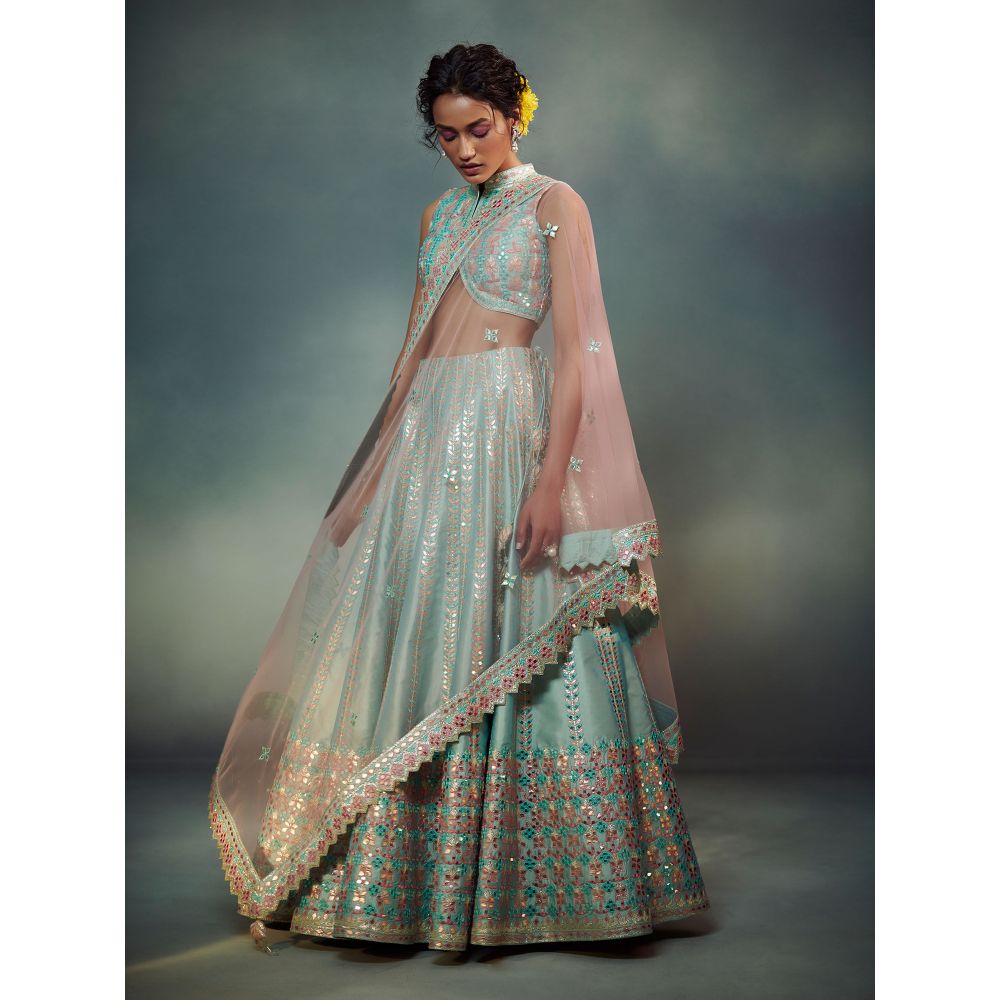 SUHINO Aqua Blue Lehenga Blouse & Dupatta (Set of 3)