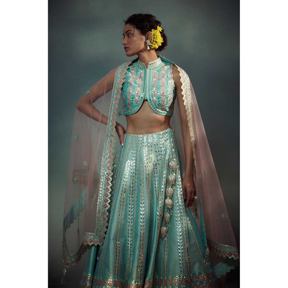 SUHINO Aqua Blue Lehenga Blouse & Dupatta (Set of 3)