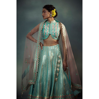 SUHINO Aqua Blue Lehenga Blouse & Dupatta (Set of 3)