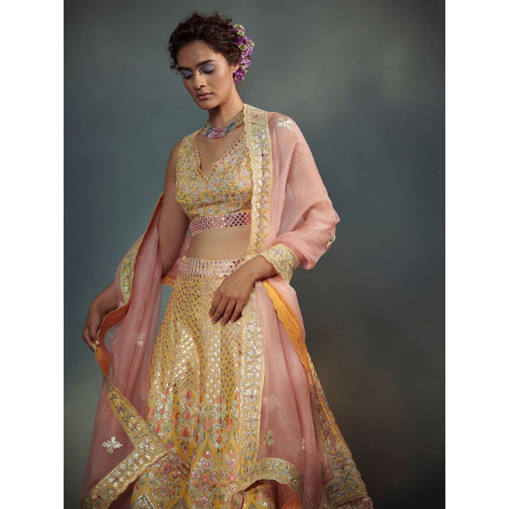 SUHINO Yellow Lehenga Blouse & Dupatta (Set of 3)