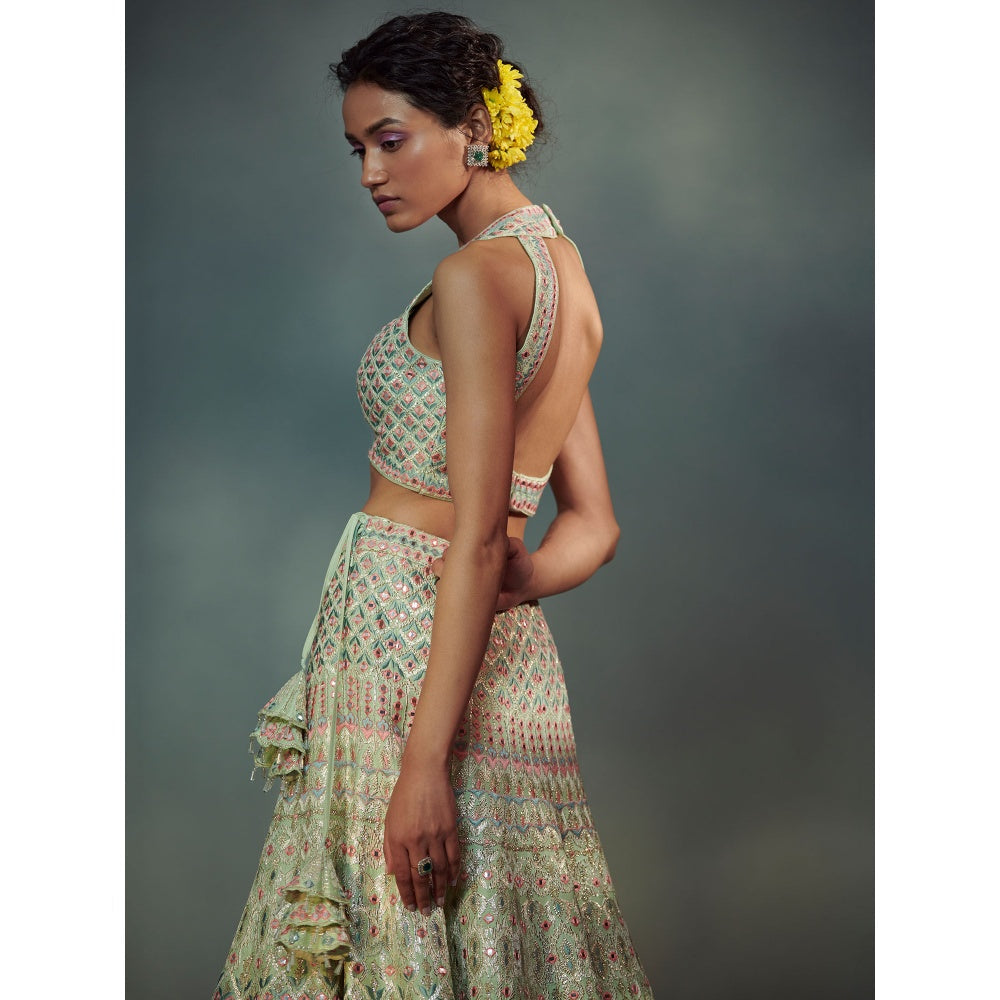 SUHINO Mint Green Lehenga Blouse & Dupatta (Set of 3)