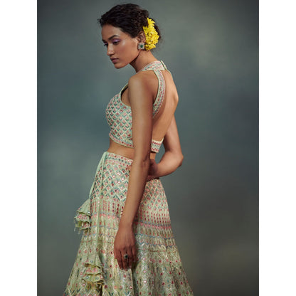 SUHINO Mint Green Lehenga Blouse & Dupatta (Set of 3)