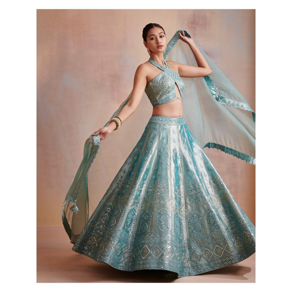 SUHINO Turquoise Tissue Lehenga with Blouse & Dupatta (Set of 3)