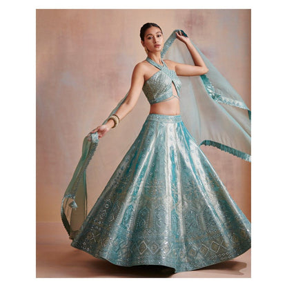 SUHINO Turquoise Tissue Lehenga with Blouse & Dupatta (Set of 3)