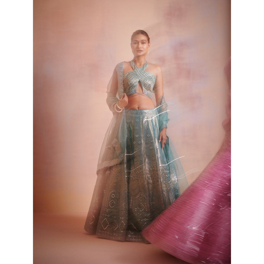 SUHINO Turquoise Tissue Lehenga with Blouse & Dupatta (Set of 3)