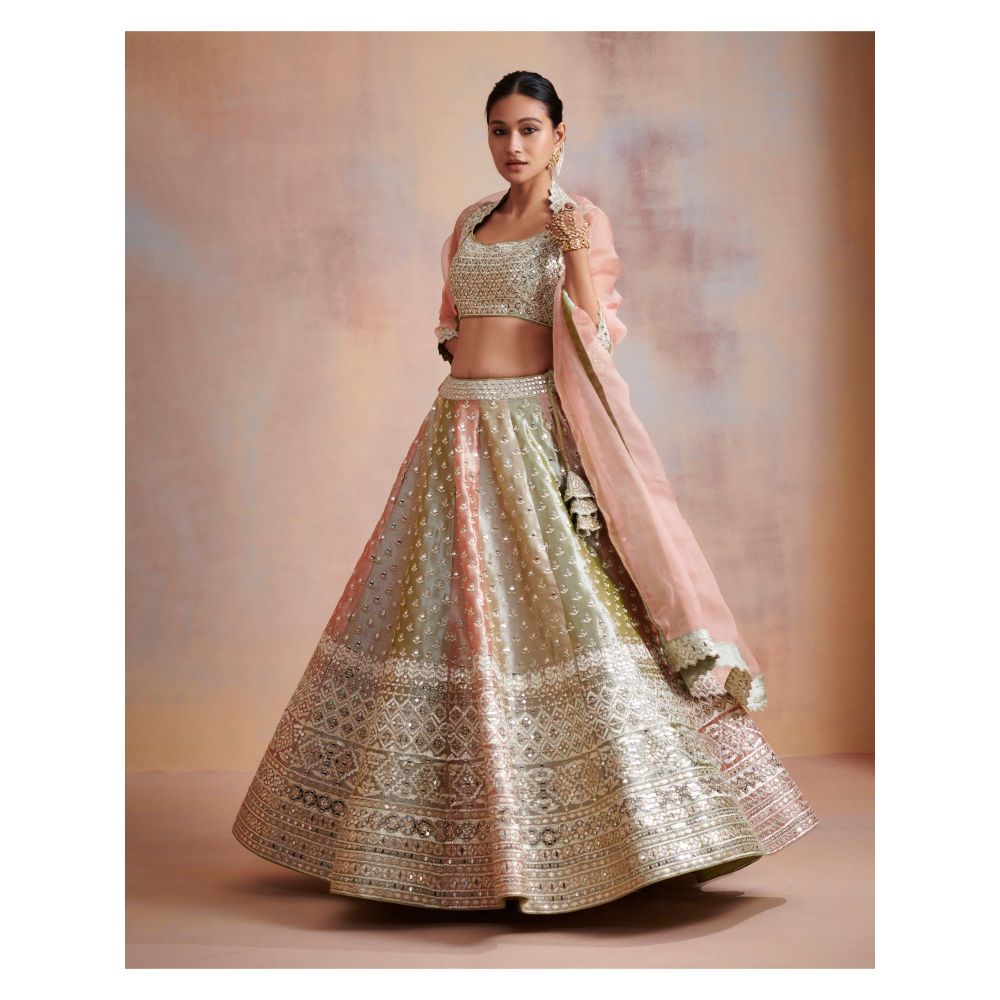 SUHINO Tri Coloured Tissue Lehenga with Blouse & Dupatta (Set of 3)