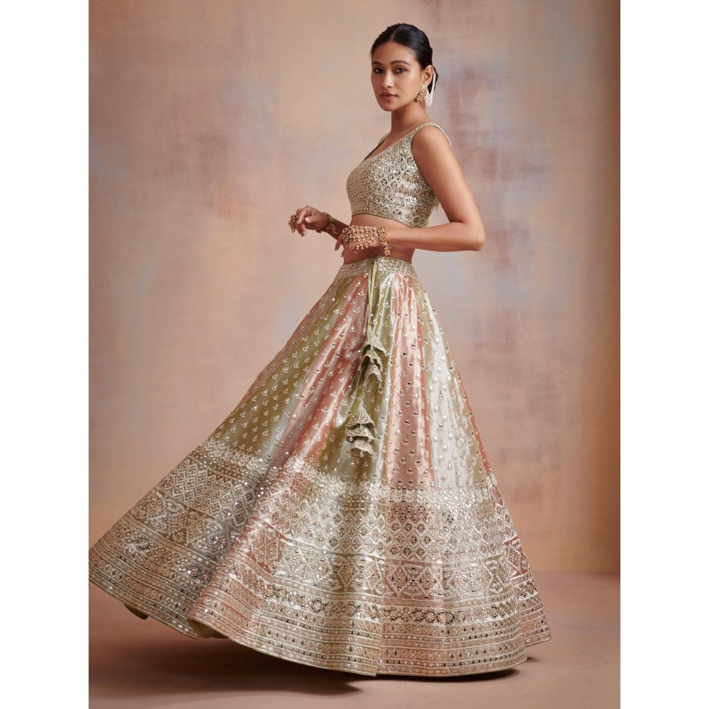 SUHINO Tri Coloured Tissue Lehenga with Blouse & Dupatta (Set of 3)