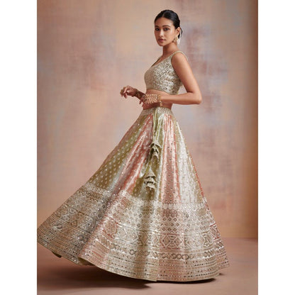 SUHINO Tri Coloured Tissue Lehenga with Blouse & Dupatta (Set of 3)