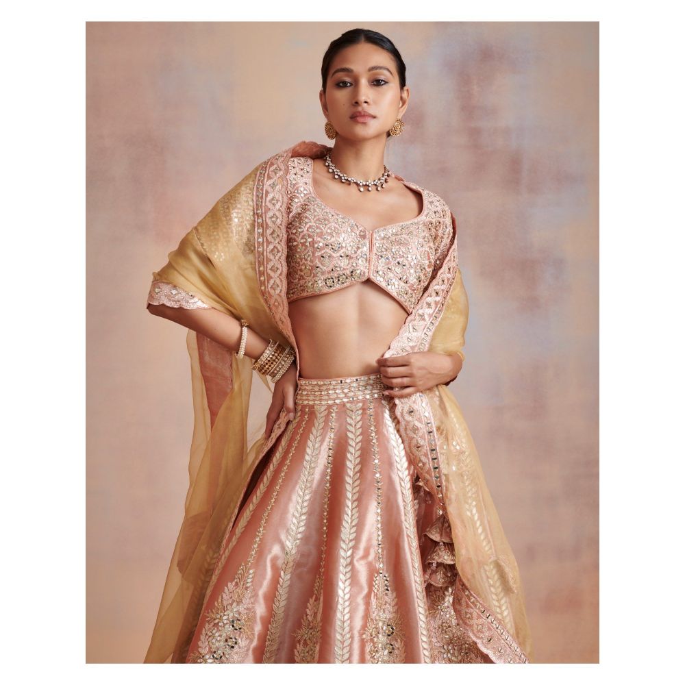 SUHINO Melon Peach Tissue Lehenga with Blouse & Dupatta (Set of 3)