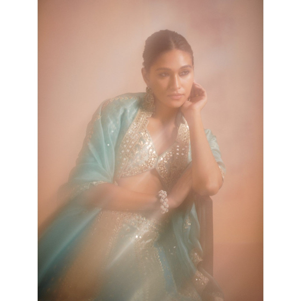 SUHINO Turquoise Tissue Lehenga with Blouse & Dupatta (Set of 3)