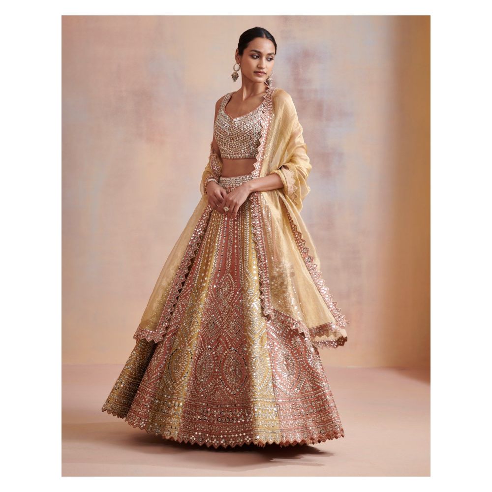 SUHINO Rust Mustard Slub Silk Lehenga with Blouse & Dupatta (Set of 3)