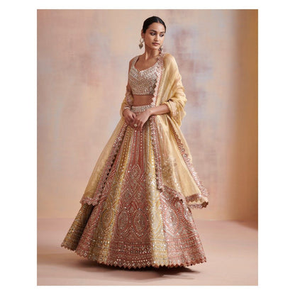 SUHINO Rust Mustard Slub Silk Lehenga with Blouse & Dupatta (Set of 3)