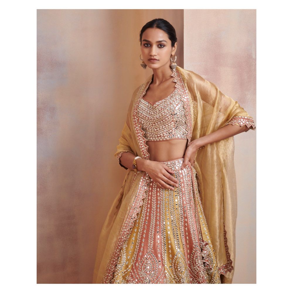 SUHINO Rust Mustard Slub Silk Lehenga with Blouse & Dupatta (Set of 3)