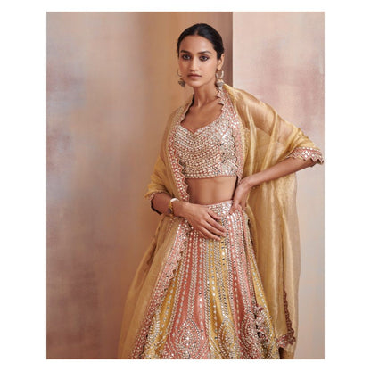 SUHINO Rust Mustard Slub Silk Lehenga with Blouse & Dupatta (Set of 3)