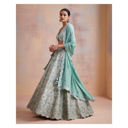 SUHINO Ice Blue Slub Silk Lehenga with Blouse & Dupatta (Set of 3)